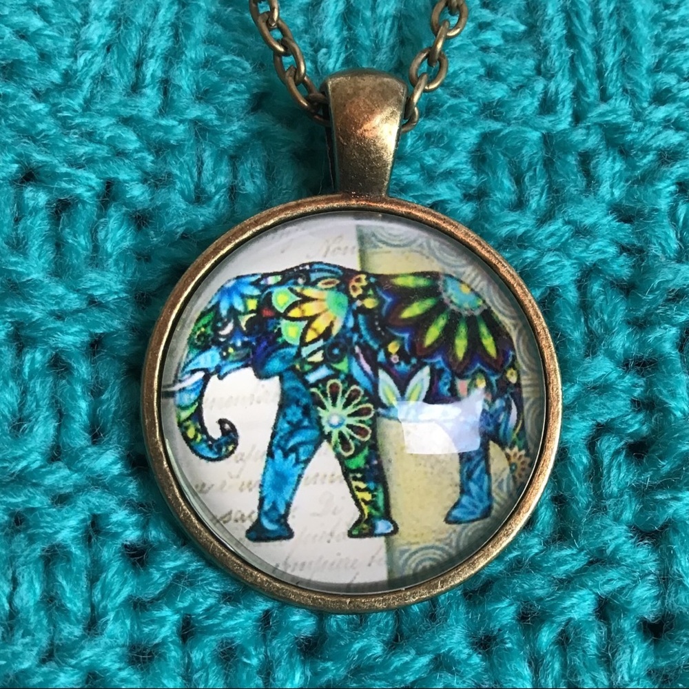 Paisley Circus Elephant Charm Cabochon Necklace